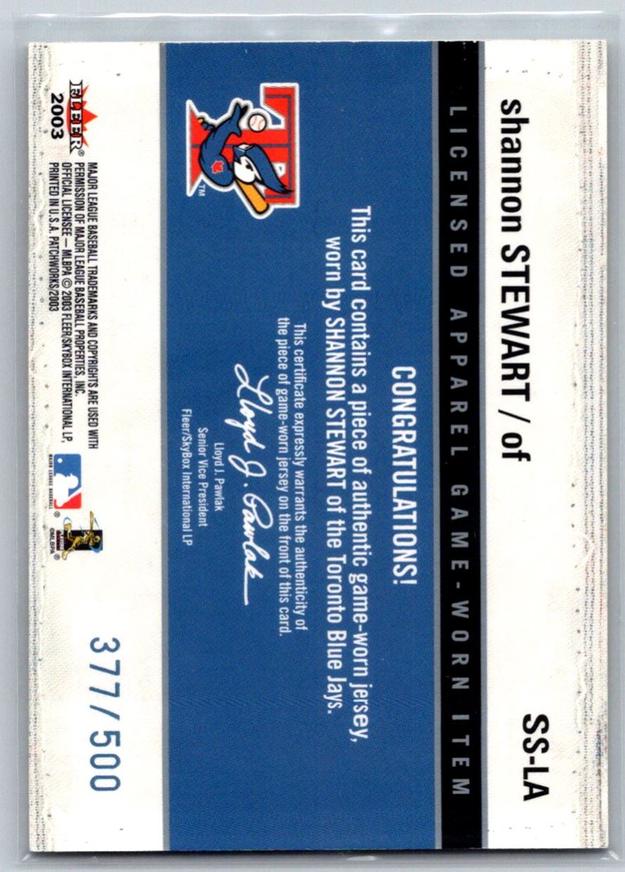 2003 Fleer Patchworks Licensed Apparel Jersey Shannon Stewart #SS-LA card back image