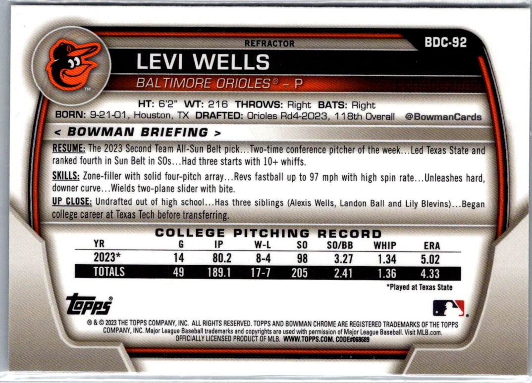 2023 Bowman Draft Chrome Refractors Levi Wells #BDC-92 card back image