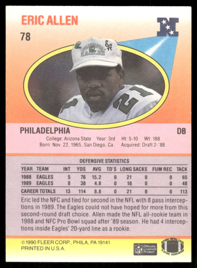 1990 Fleer Eric Allen #78 card back image