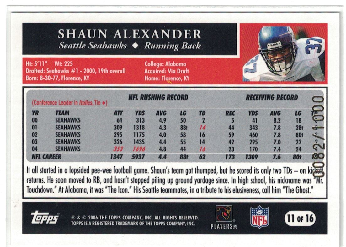 2006 Topps Super Bowl XL Card Show Shaun Alexander #82/1000