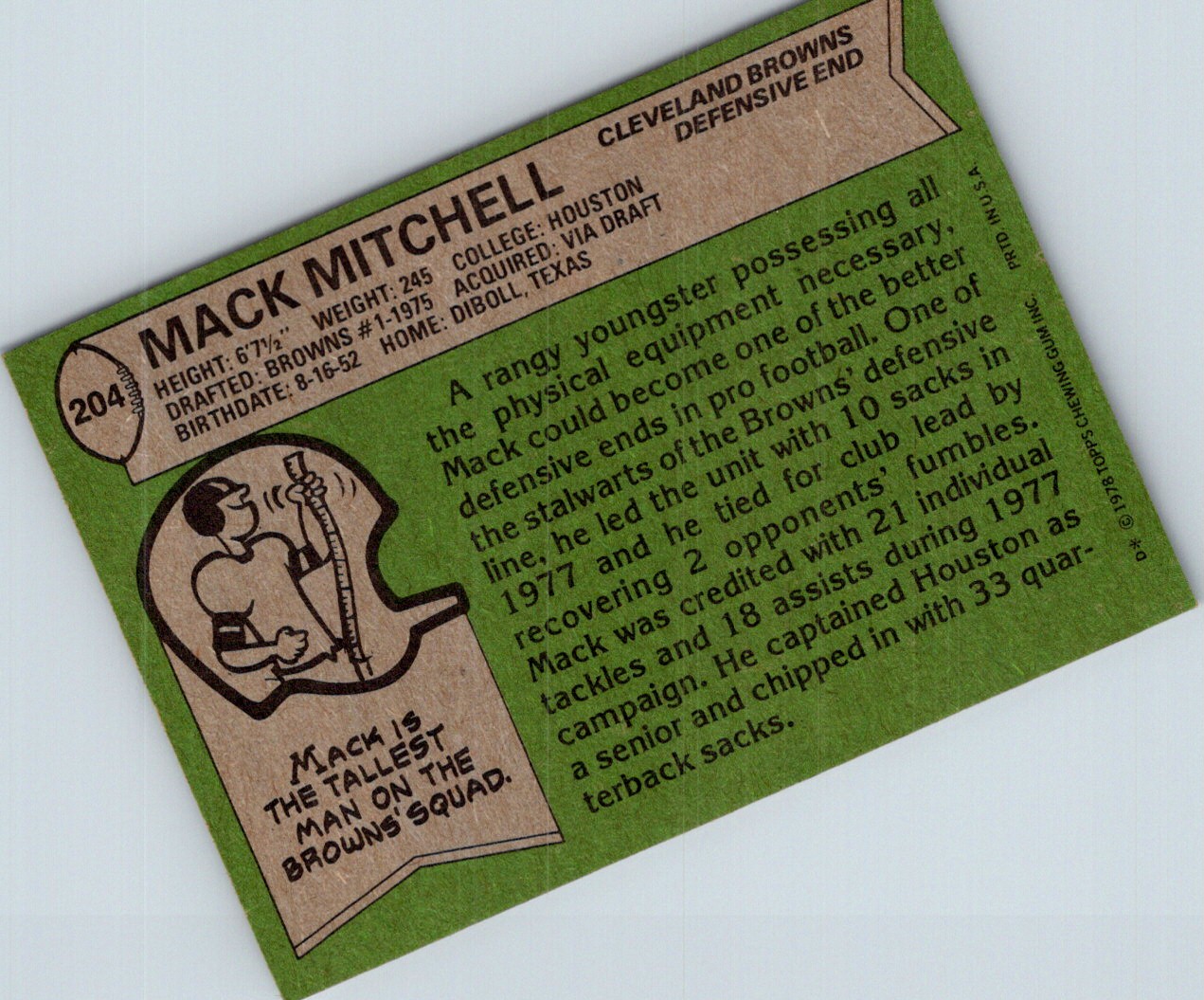 1978 Topps Mack Mitchell #204 card back image