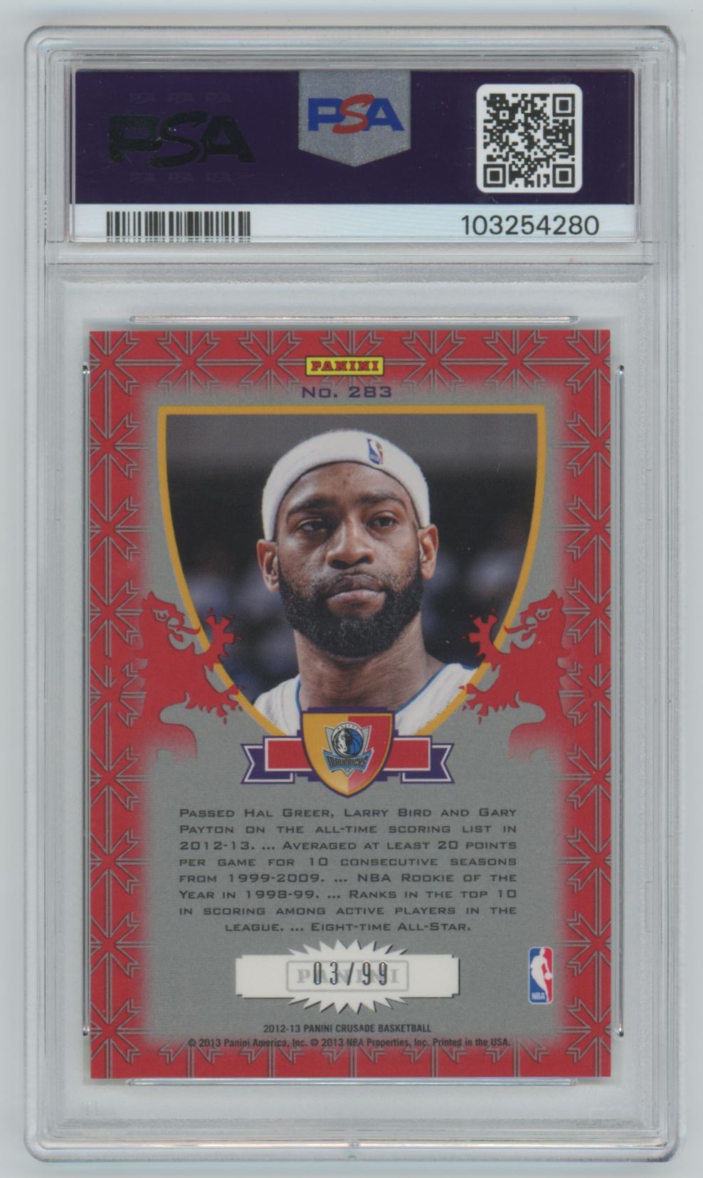 Vince Carter 2012-13 Panini Crusade Red & Gold Prizm POP of 2! PSA