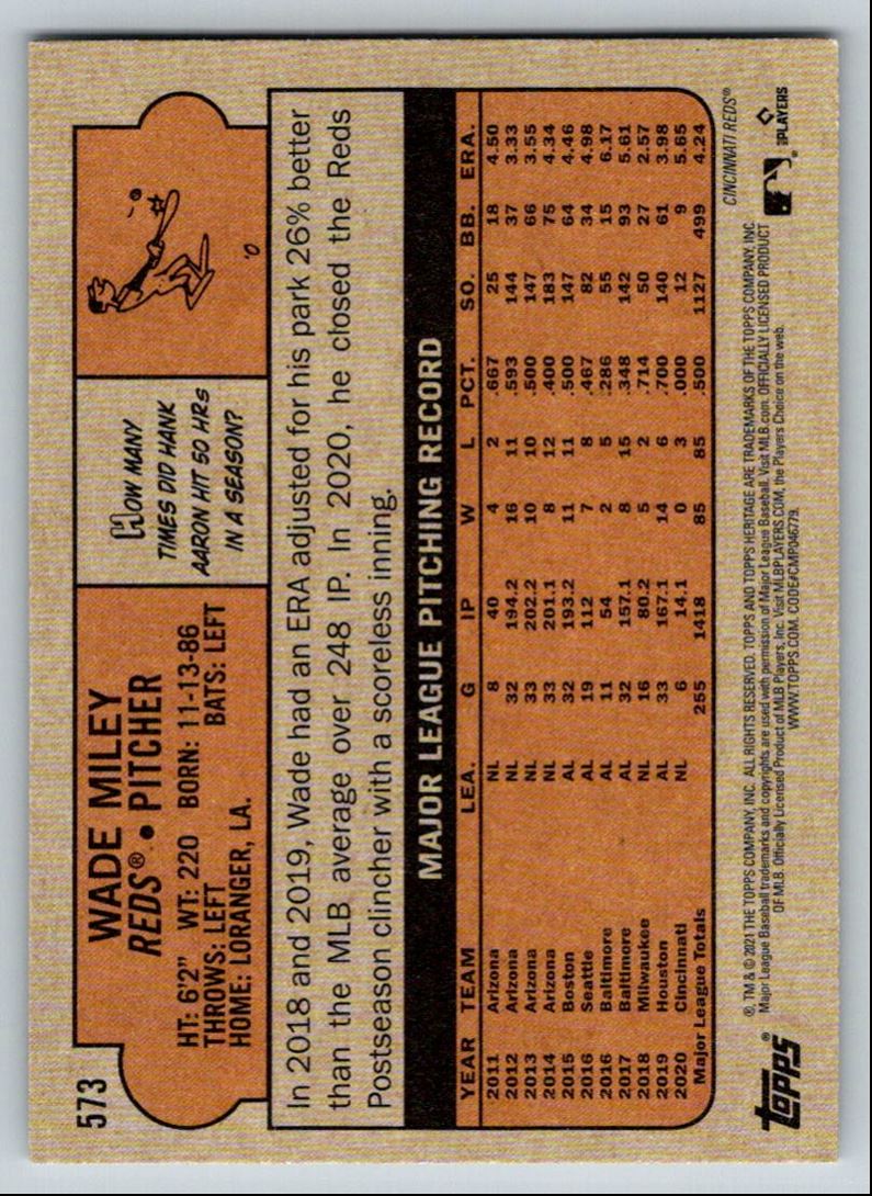 2021 Topps Heritage Wade Miley #573 card back image