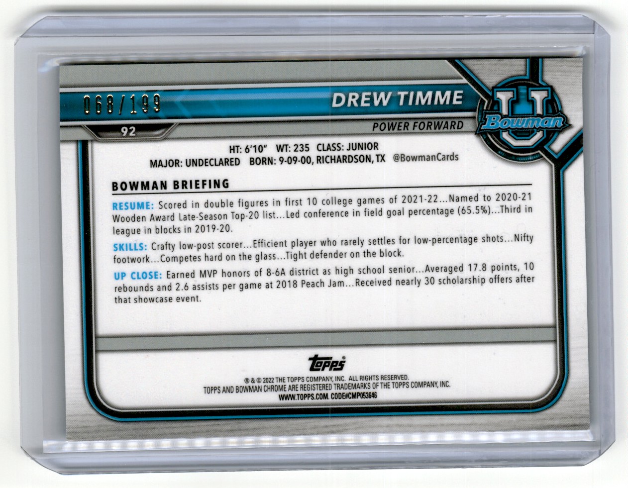 2022-23 Bowman Chrome Blue Refractor Drew Timme 068/199