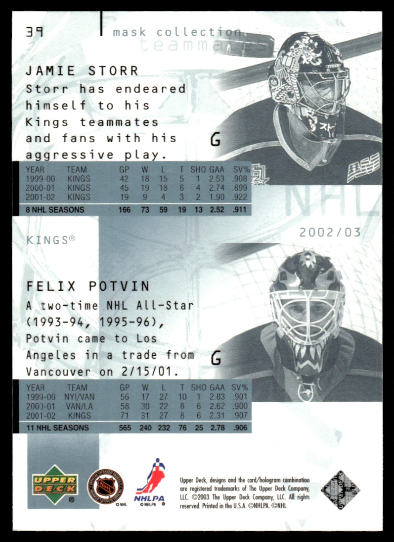2002-03 Upper Deck Mask Collection Felix Potvin #39 card back image