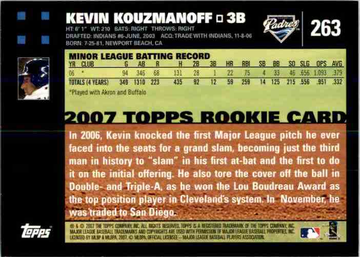 2007 Topps Kevin Kouzmanoff (Rc) #263 card back image