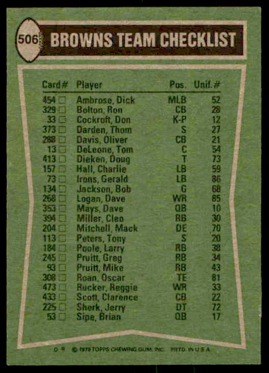 1978 Topps Greg Pruitt/Reggie Rucker/Thom Darden/Mack Mitchell #506 card back image