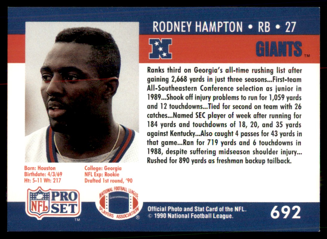 1990 Pro Set Super Bowl XXV Binder Rodney Hampton #692 card back image