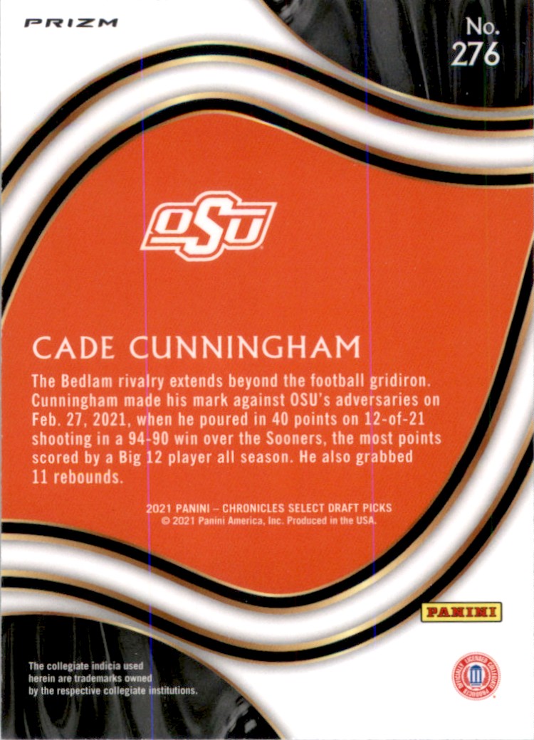 2021-22 Panini Chronicles Draft Picks Bronze Cade Cunningham/Select #276 card back image