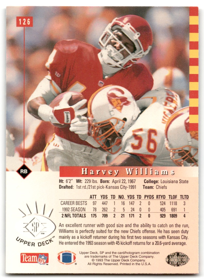 1993 Upper Deck SP Football Card Harvey Williams #126 Kansas City