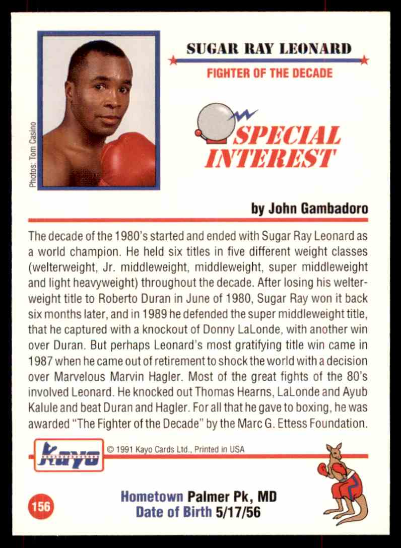 1991 KAYO BOXING RAW UNGRADED SUGAR RAY LEONARD FIGHTER OF