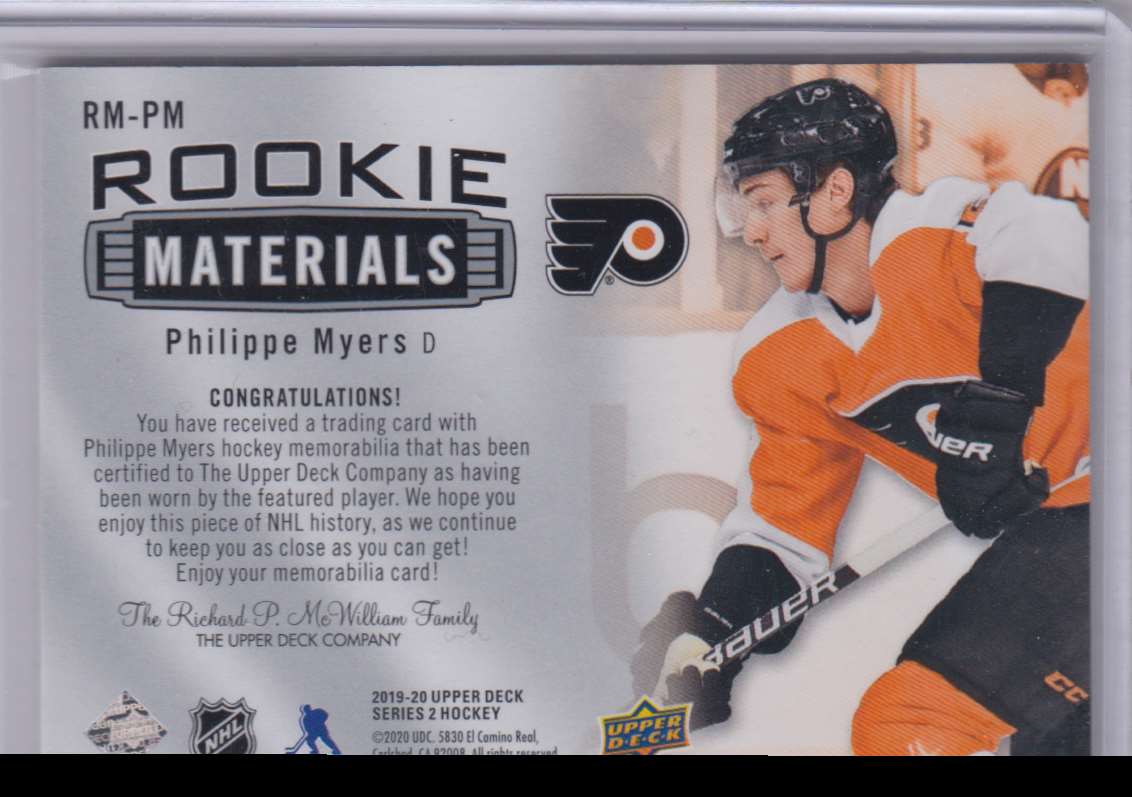 2019-20 Upper Deck Rookie Materials Philippe Myers #RM-PM card back image