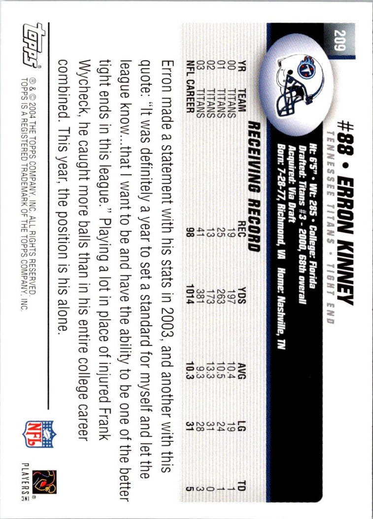2004 Topps Erron Kinney #209 card back image