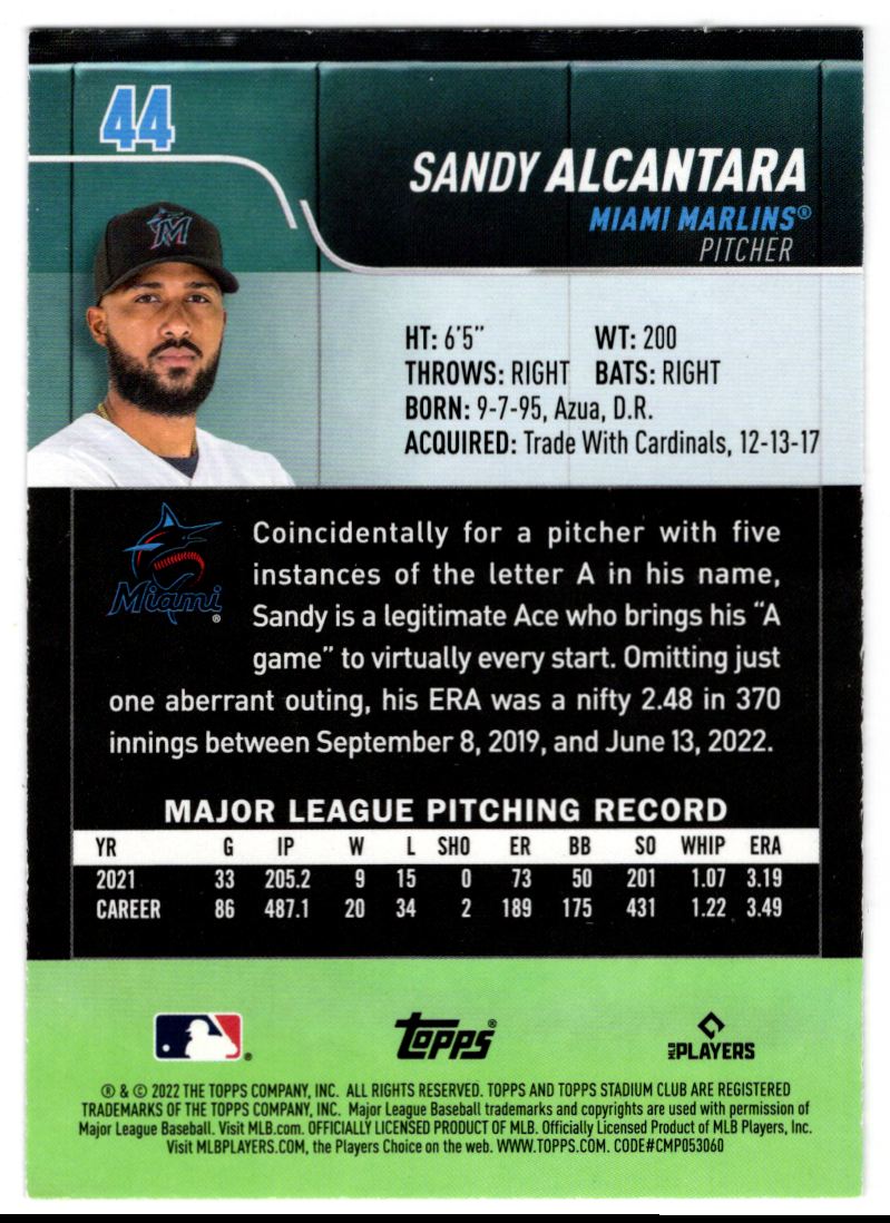 2022 Stadium Club Sandy Alcantara #44 card back image