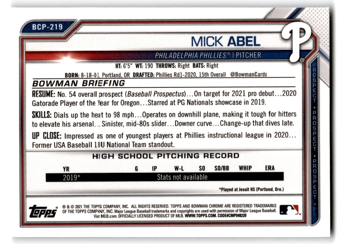 2021 Bowman Chrome Prospects Mick Abel #BCP-219 card back image