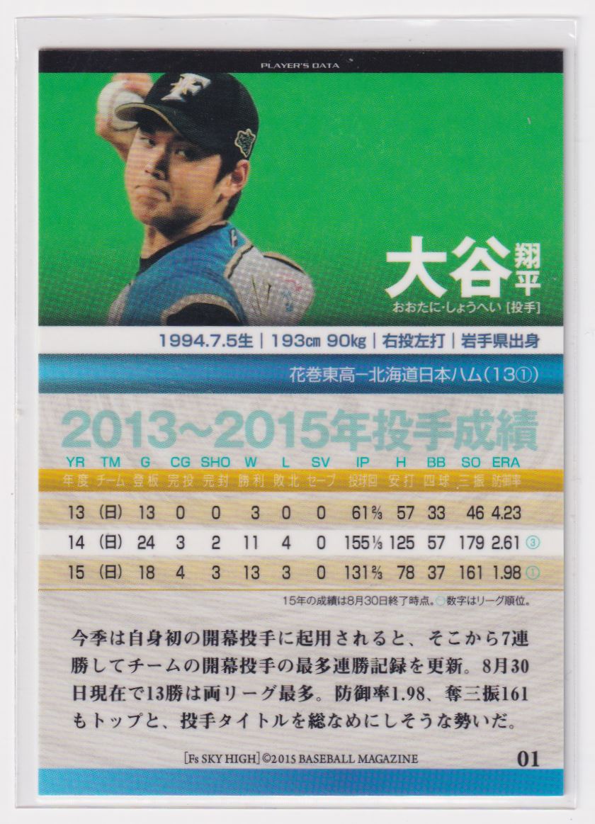 2015 BBM Shohei Ohtani #1 card back image