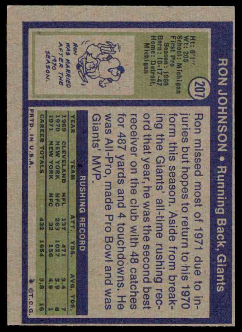 1972 Topps Ron Johnson #207 card back image