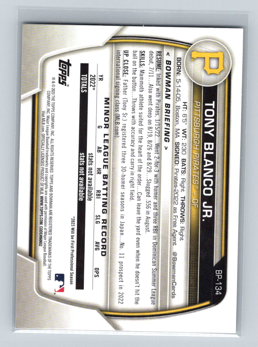 2023 Bowman Prospects Tony Blanco Jr. #BP-134 card back image