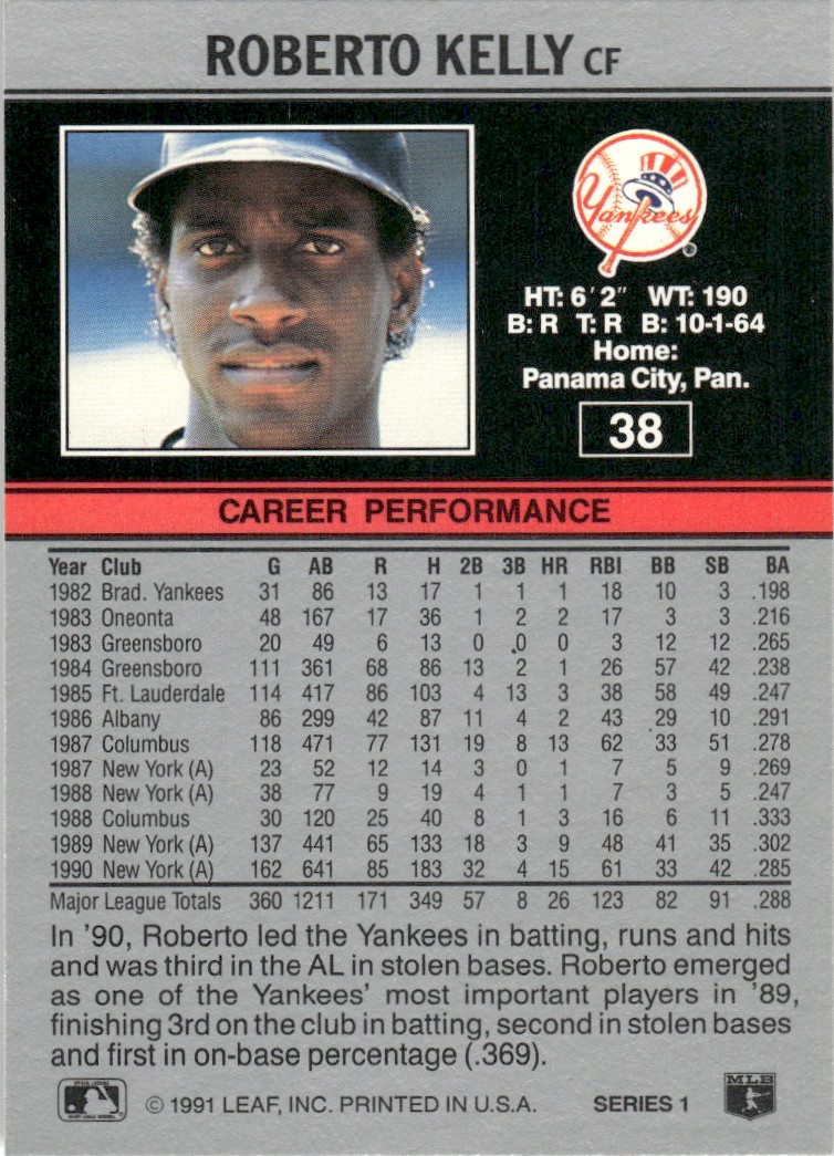1991 Leaf Major League MLB Baseball Roberto Kelly #38 card back image