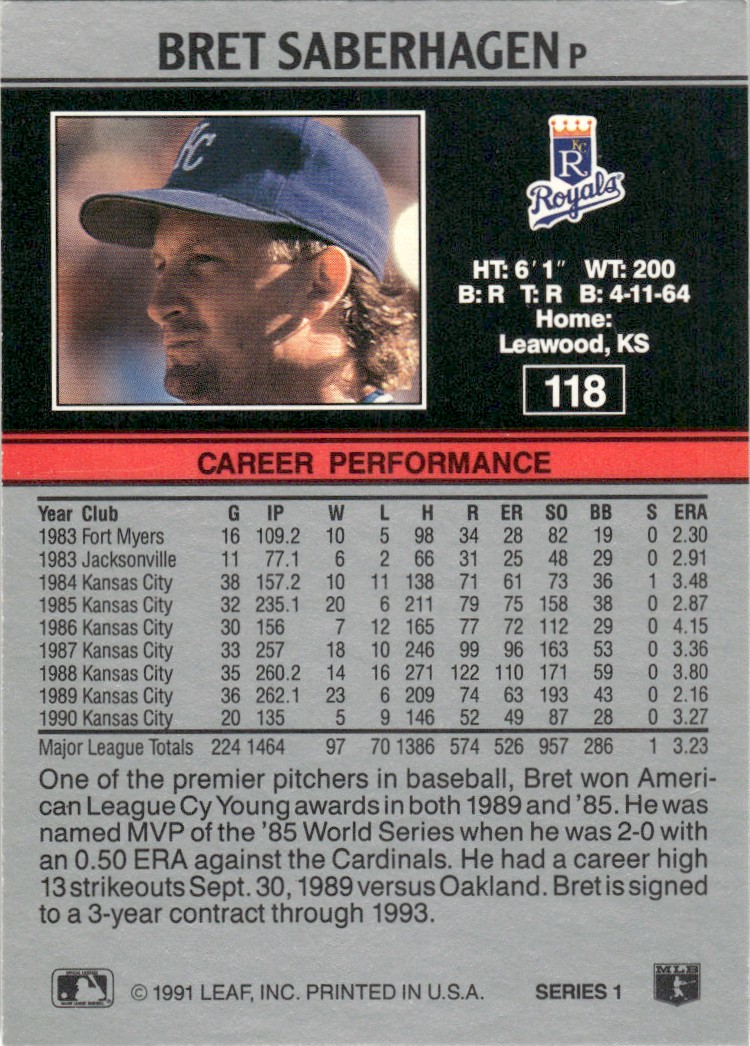 1991 Leaf Major League MLB Baseball Bret Saberhagen #118 card back image