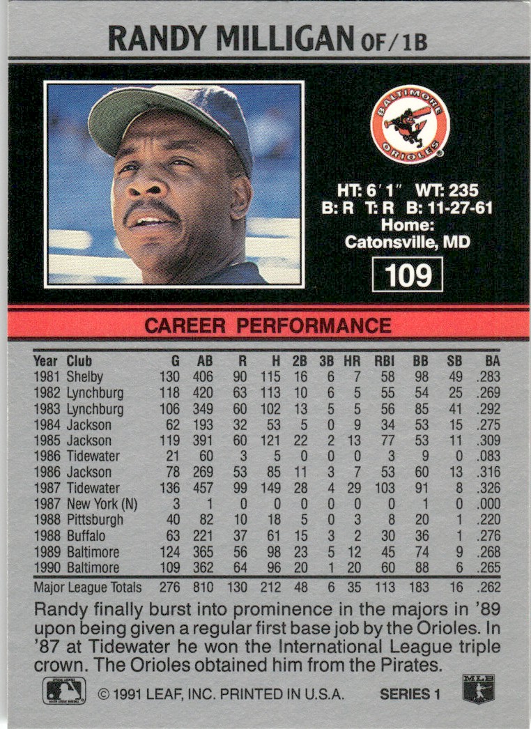 1991 Leaf Major League MLB Baseball Tim Wallach #109 card back image