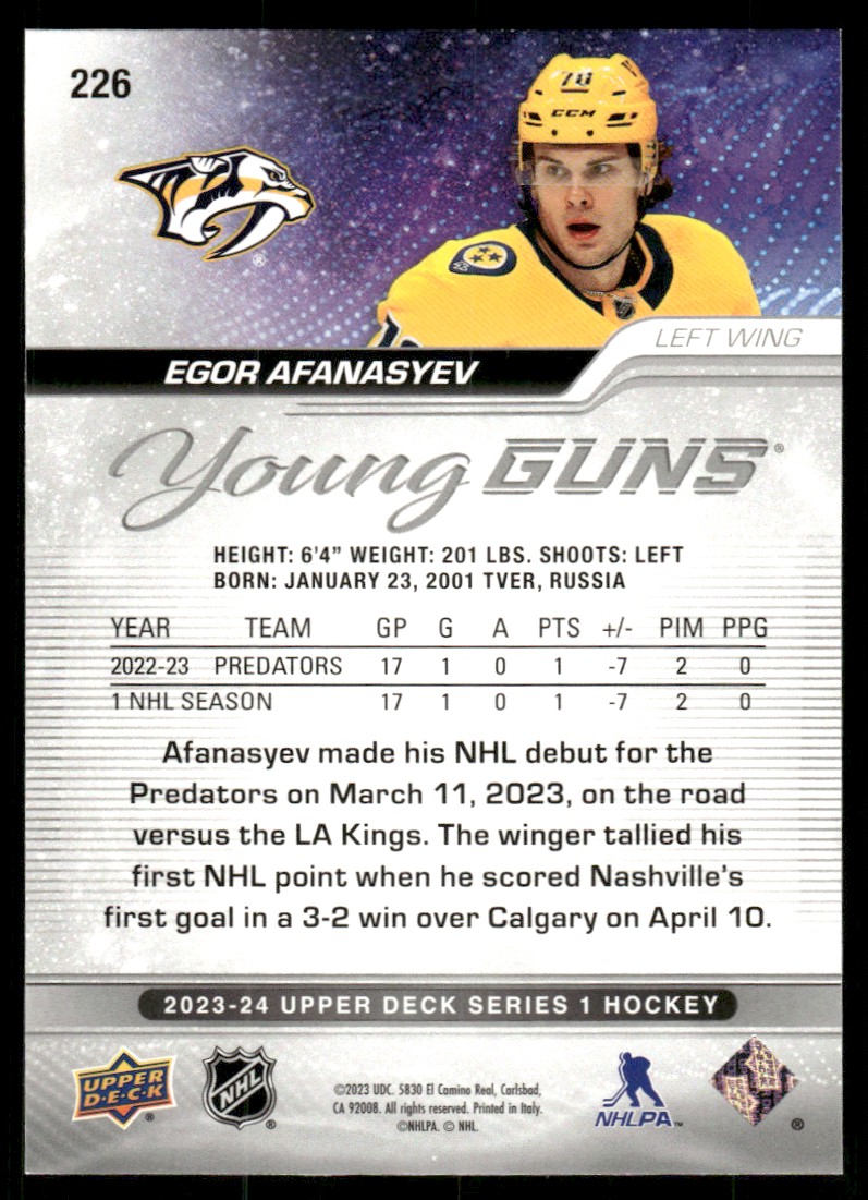 2023-24 Upper Deck YG Egor Afanasyev #226 card back image