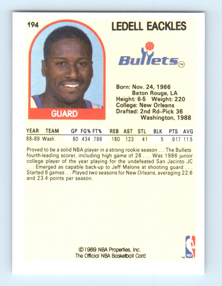 1989-90 Hoops ! Ledell Eackles #194 card back image