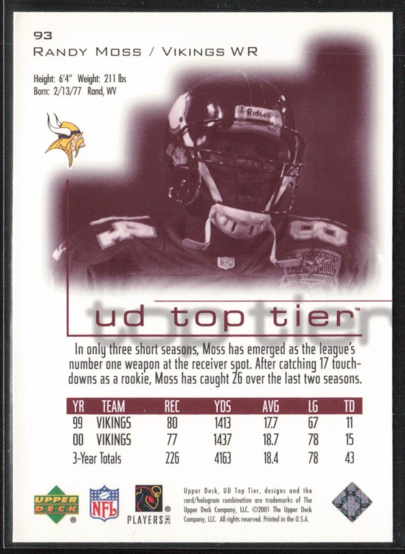 2001 Upper Deck Top Tier Randy Moss #93 card back image
