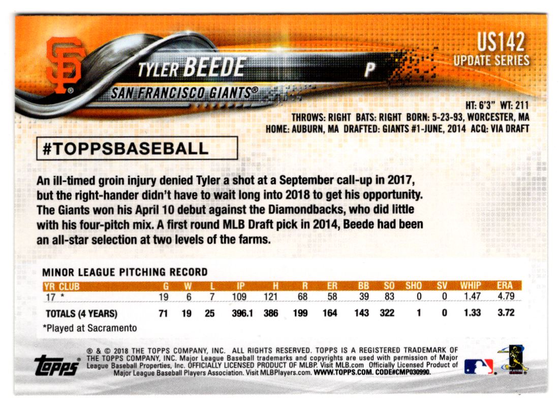 2018 Topps Update Tyler Beede #US142 card back image