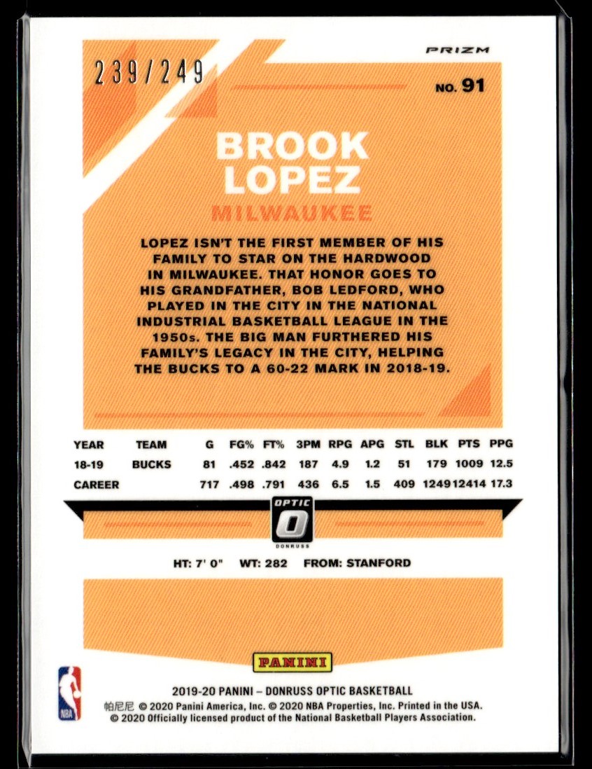 2019-20 Donruss Optic Premium Box Set Brook Lopez #91 card back image