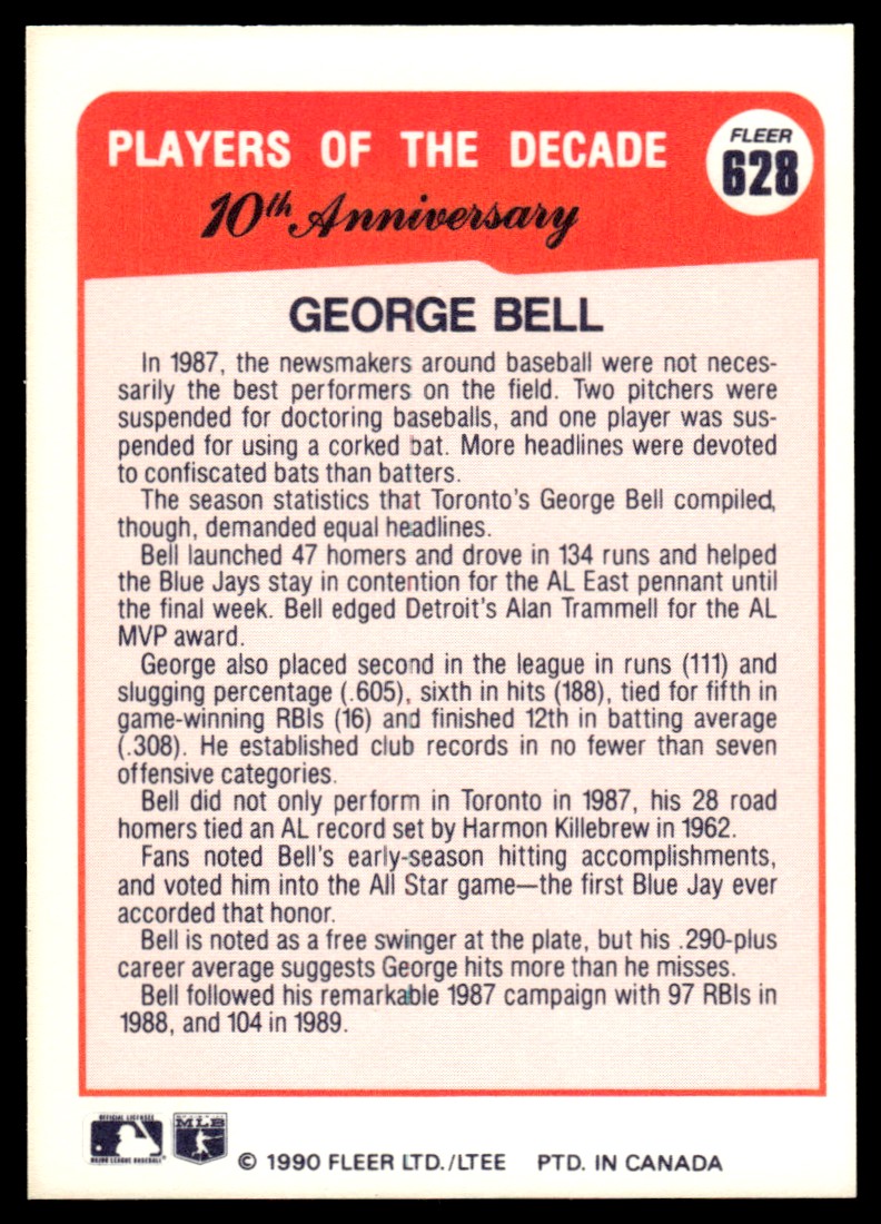 1990 Fleer Canadian ! George Bell #628 card back image