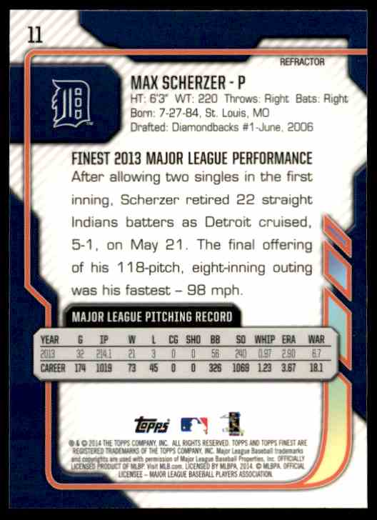 2014 Topps Finest Refractor Max Scherzer Tigers #11 | eBay