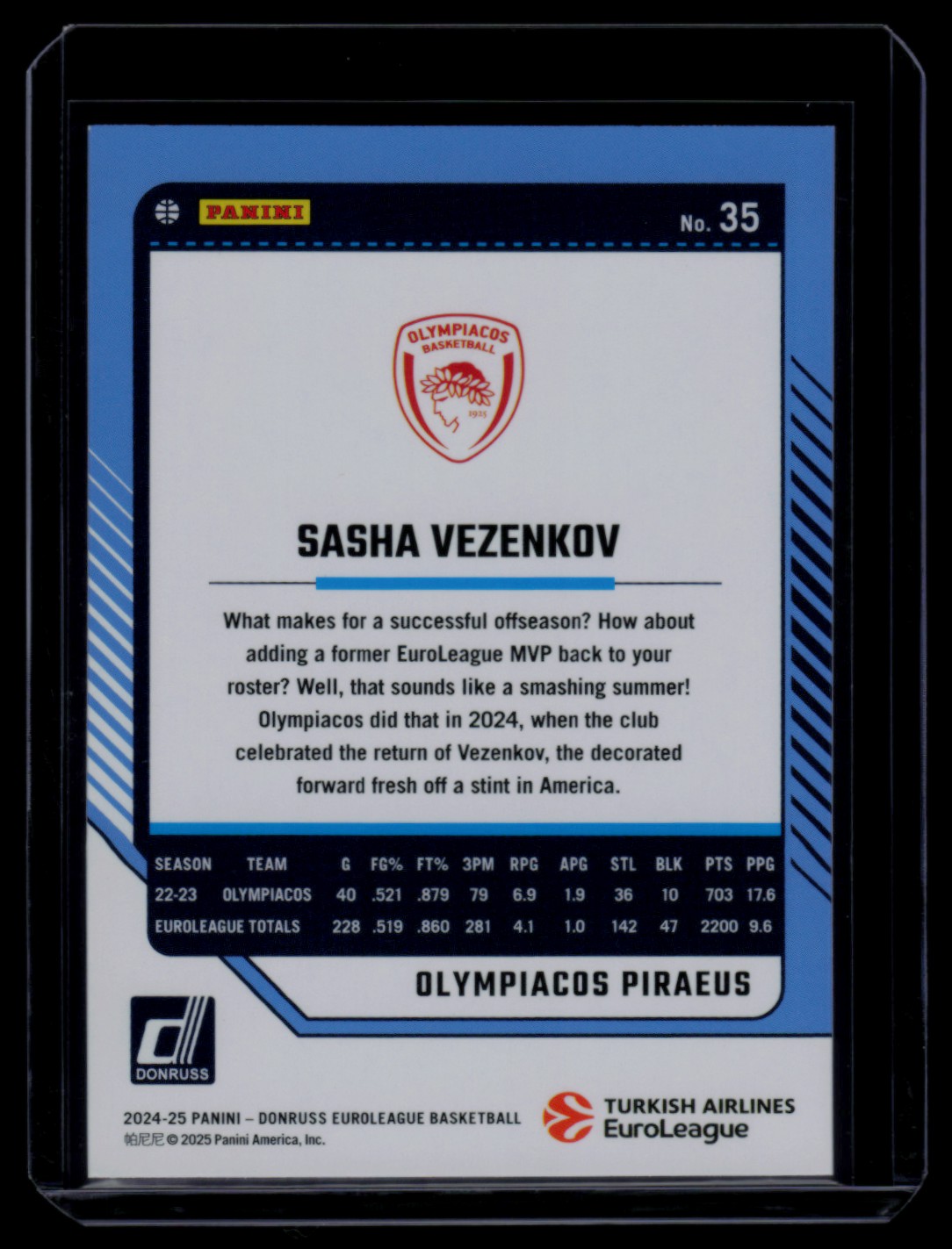 2024-25 Donruss EuroLeague Press Proof Purple Sasha Vezenkov #35 card back image