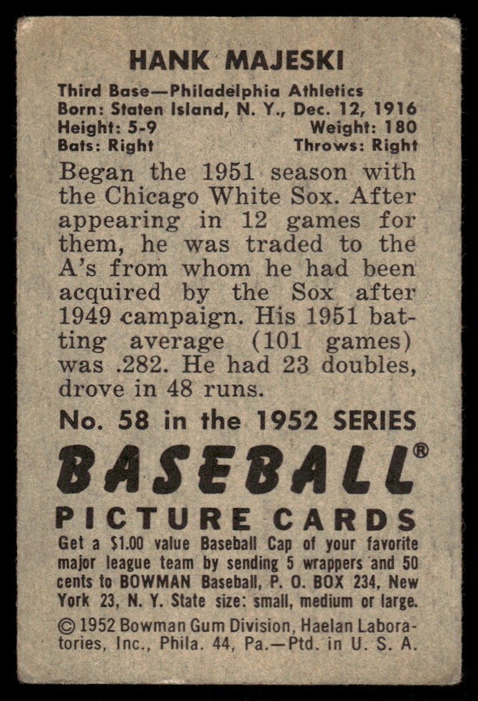 1952 Bowman Hank Majeski #58 card back image