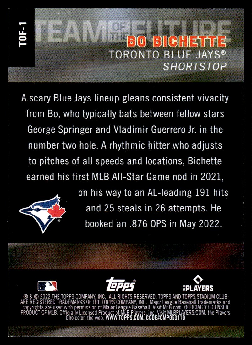 2022 Topps Stadium Club Team of the Future Bo Bichette Toronto