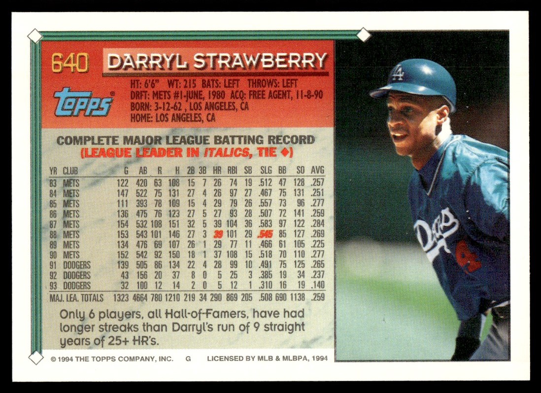 プロ野球  カード 1994 1994 Topps Gold Baseball Card Darryl Strawberry Los Angeles