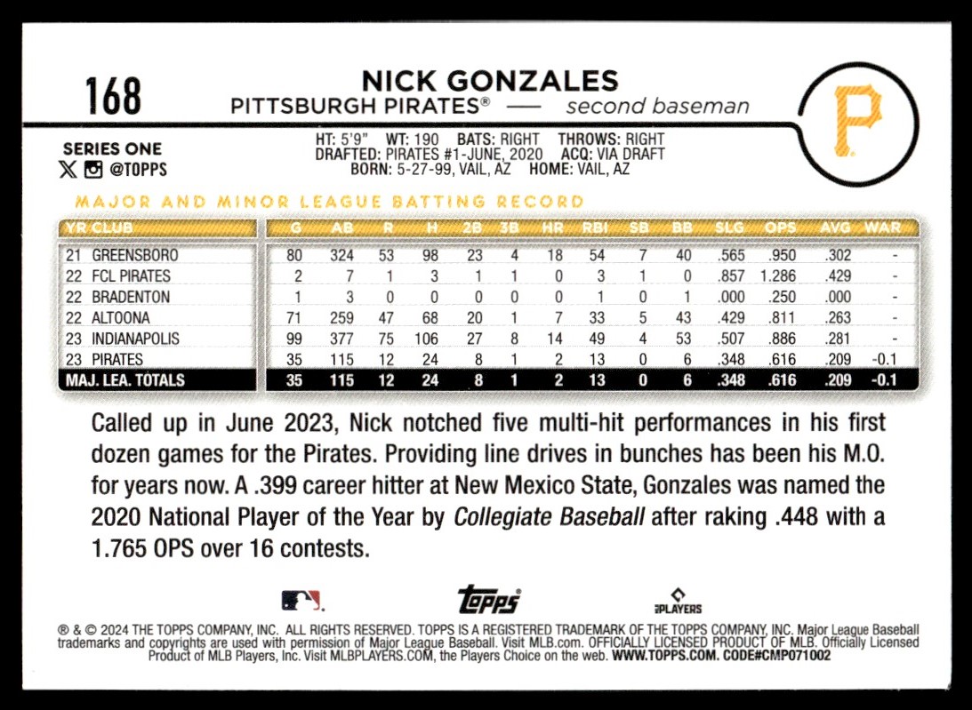 Nick Gonzales 2024 Topps Series 1 Rookie Card RC #168 Pittsburgh