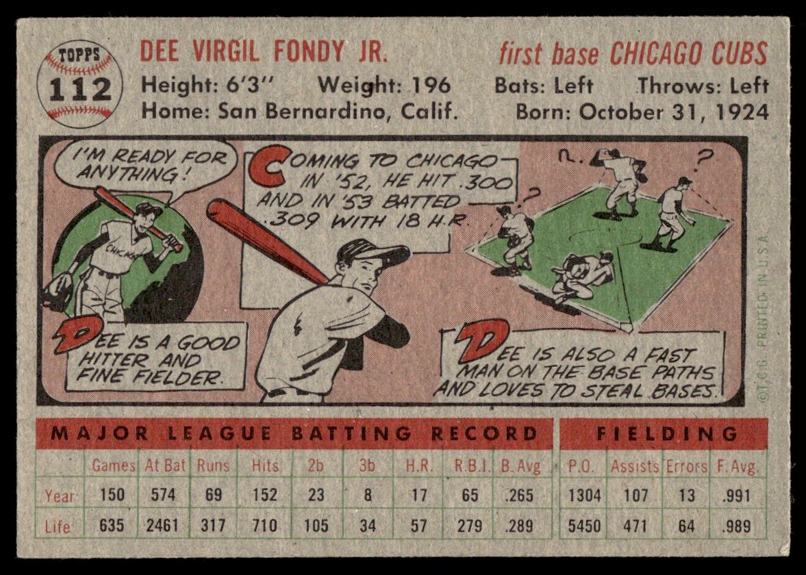 1956 Topps Dee Fondy #112 card back image