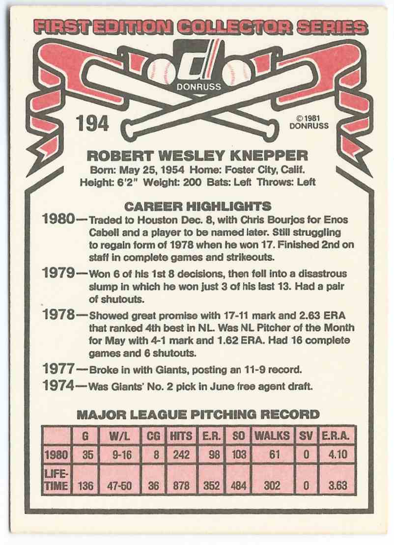 1981 Donruss Bob Knepper 194 On Kronozio