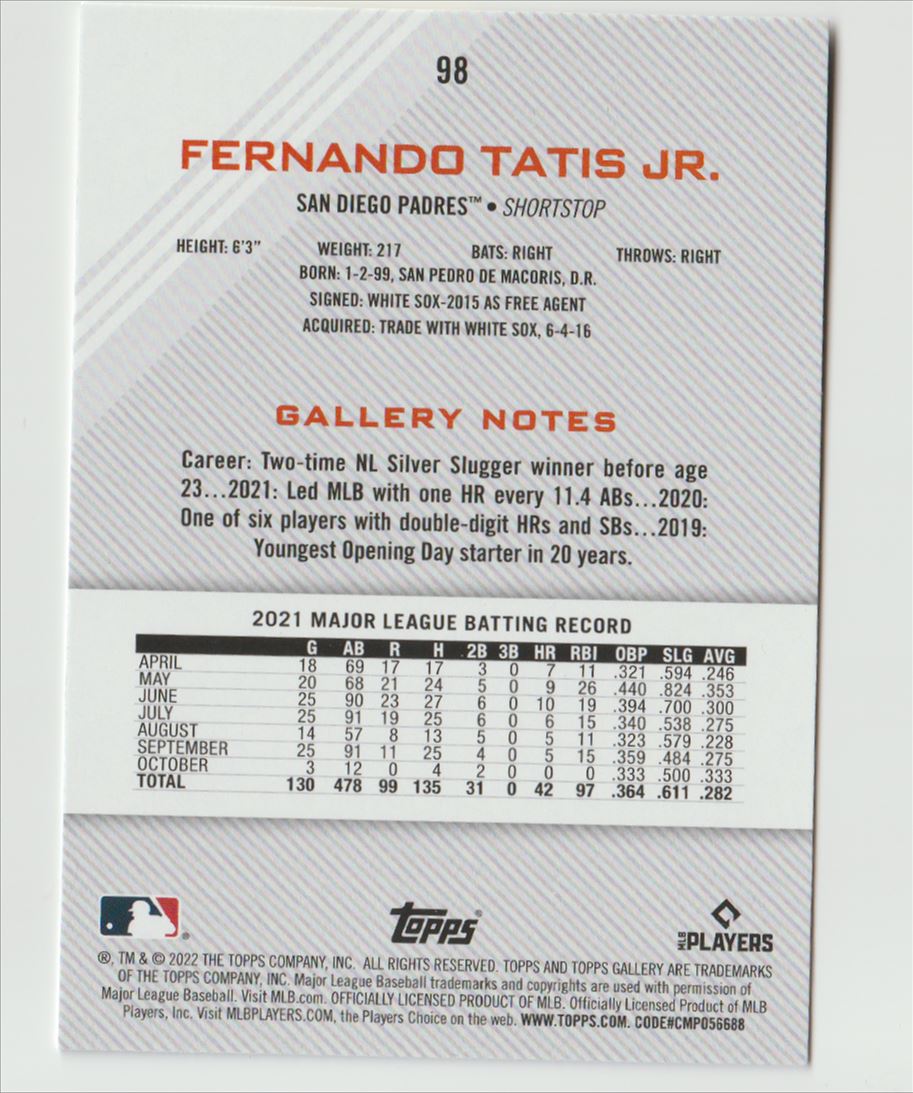 2022 Topps Gallery Fernando Tatis Jr. #98 card back image