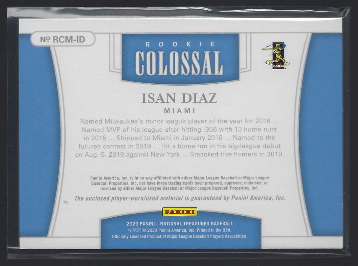 2020 Panini National Treasures Rookie Colossal Materials Isan Diaz #RCMID card back image