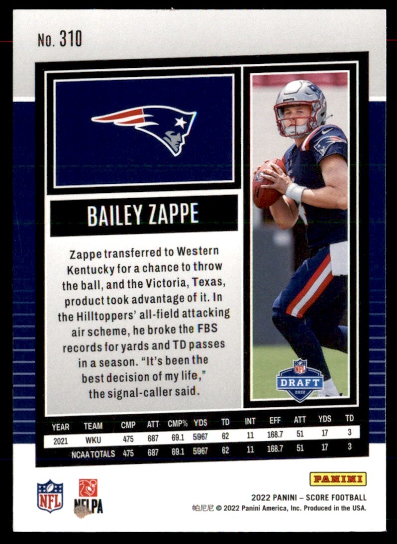 2022 Score Bailey Zappe #310 card back image