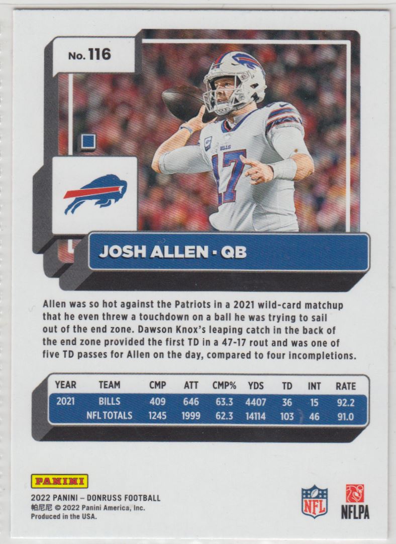 2022 Donruss Press Proof Red Josh Allen #116 card back image