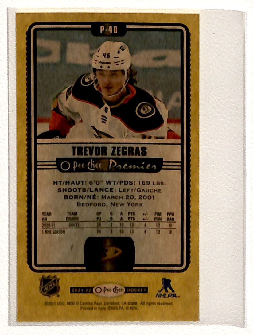 2021-22 O-Pee-Chee Premier Tallboys Trevor Zegras #P-40 card back image