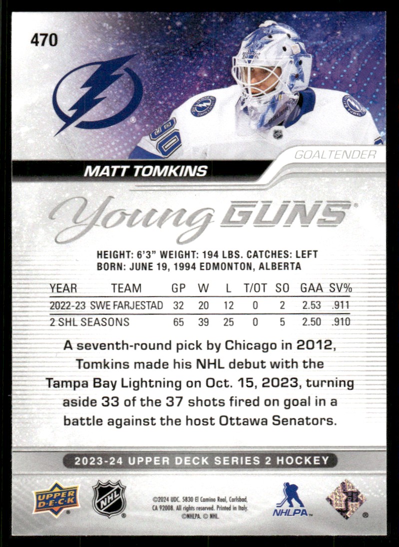 2023-24 Upper Deck YG Matt Tomkins #470 card back image