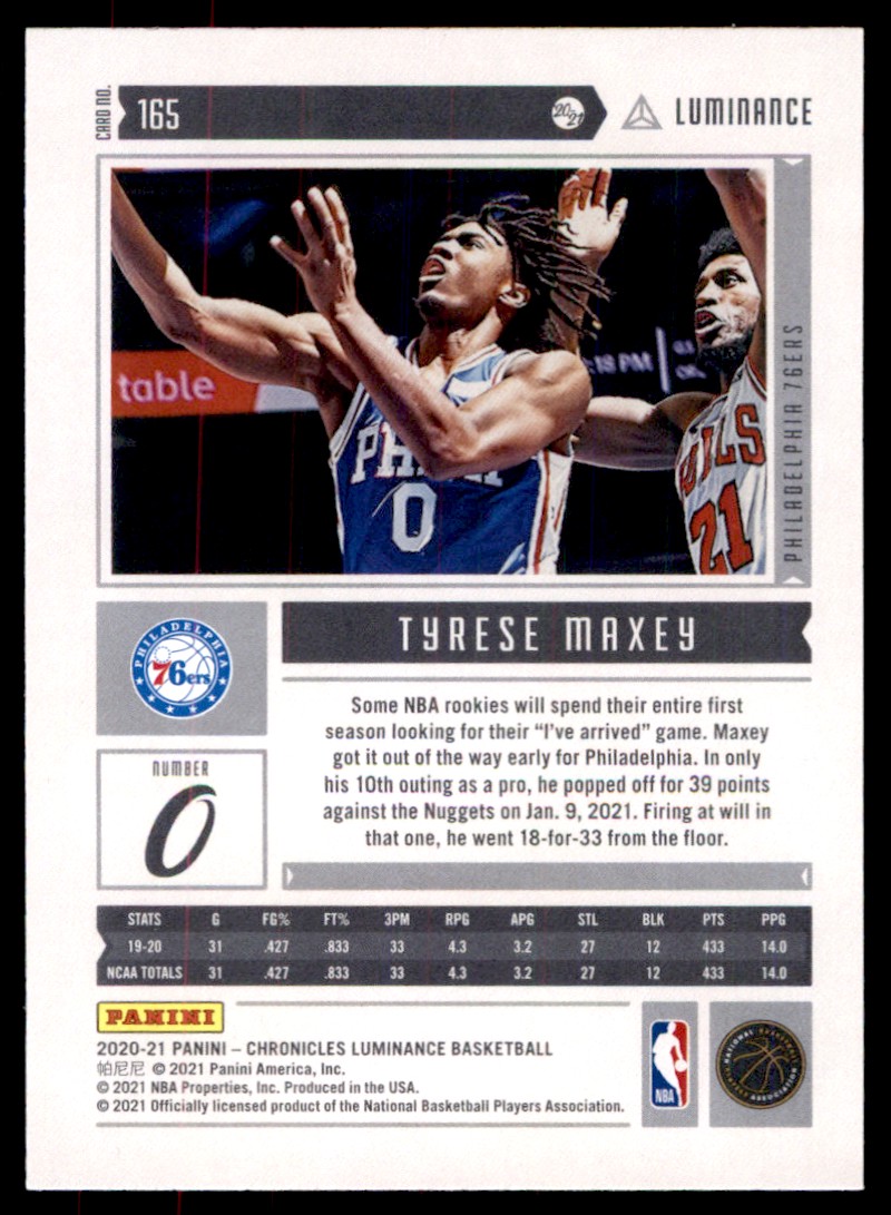 2020-21 Panini Chronicles Tyrese Maxey RC Philadelphia 76ers #165 