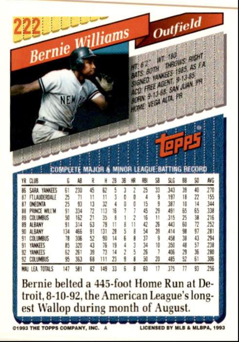 メジャーリーグ　カード　Barnie Willrams 1993 Ultra #252 Bernie Williams | eBay