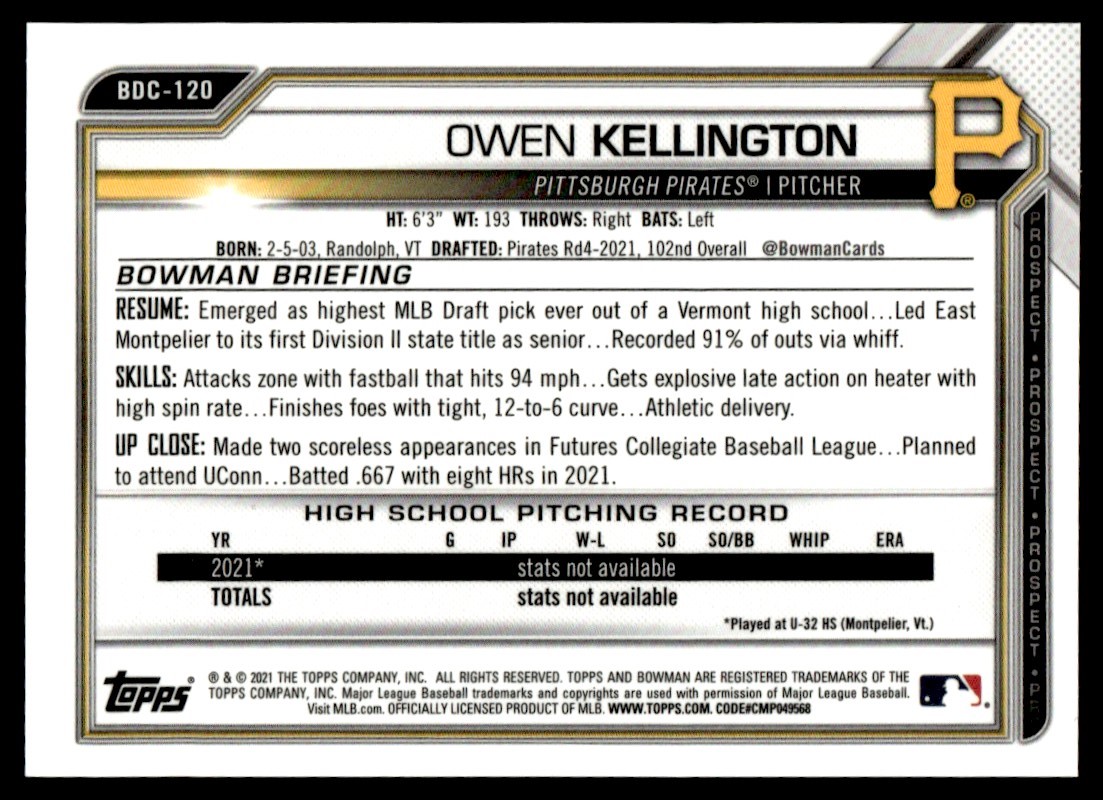 2021 Bowman Draft Chrome Owen Kellington #BDC-120 card back image