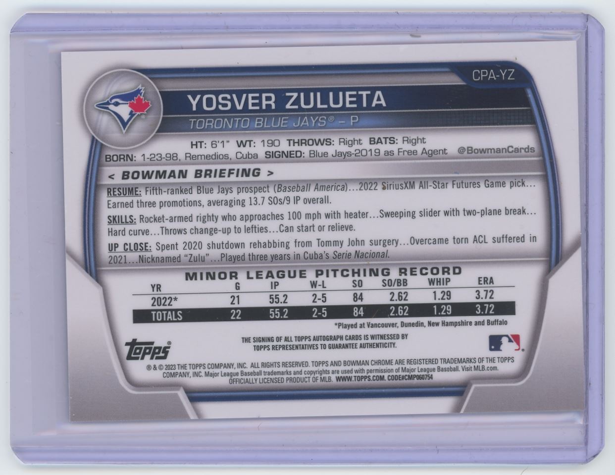 2023 Bowman Chrome Prospect Autographs Speckle Yosver Zulueta #CPA-YZ card back image