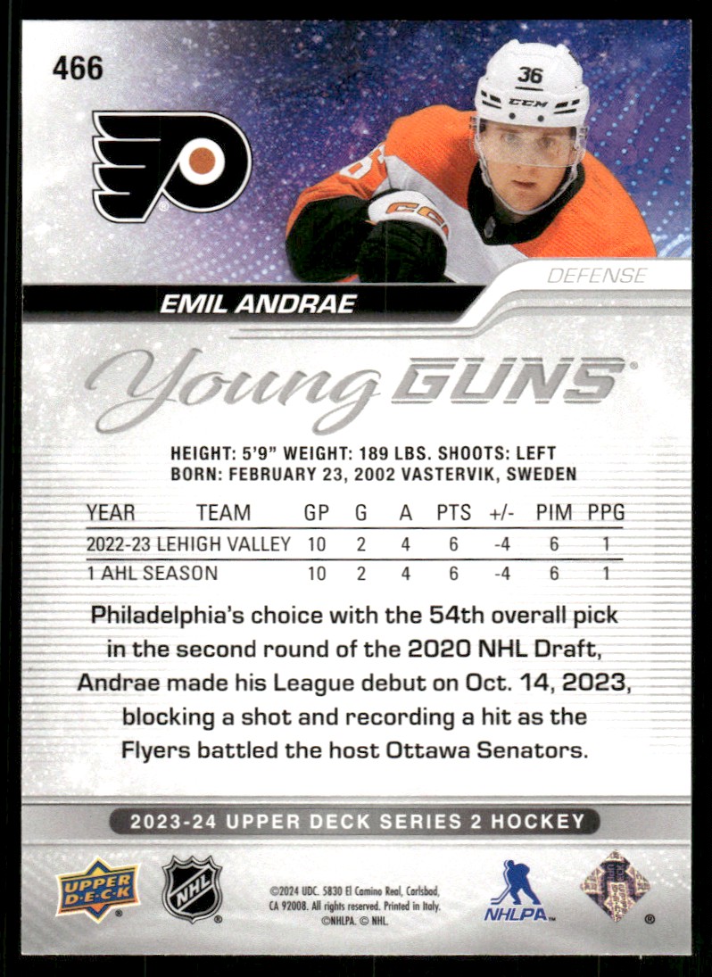 2023-24 Upper Deck YG Emil Andrae #466 card back image